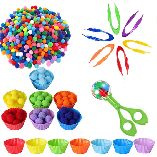 Coordenação Motora Fina Kit Pompons Com Pegador e Potes